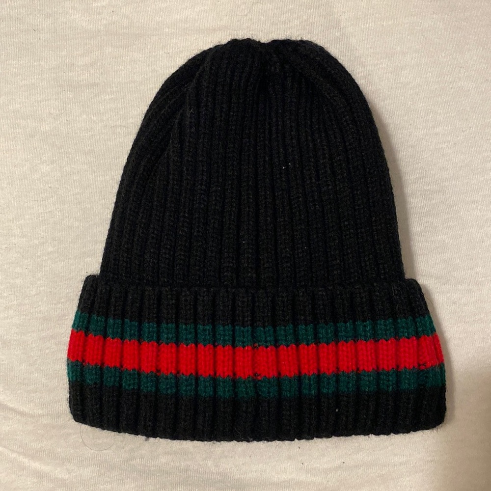 Black beanie with green and red stripe